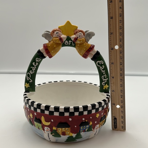 Ceramic Christmas Angel Basket Bowl Winter Scene Peace on Earth Palm Tree Co - Picture 13 of 16